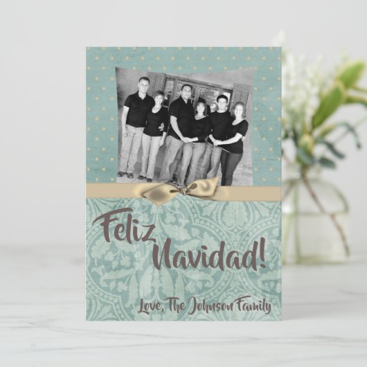 5x7 Kerstmis XMAS Winter Blauw Damask FOTOKAART Feestdagenkaart (Staand voorkant)