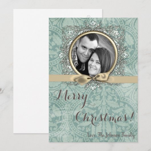 5x7 Kerstmis XMAS Winter Blauw Damask FOTOKAART Feestdagenkaart (Voorkant / Achterkant)