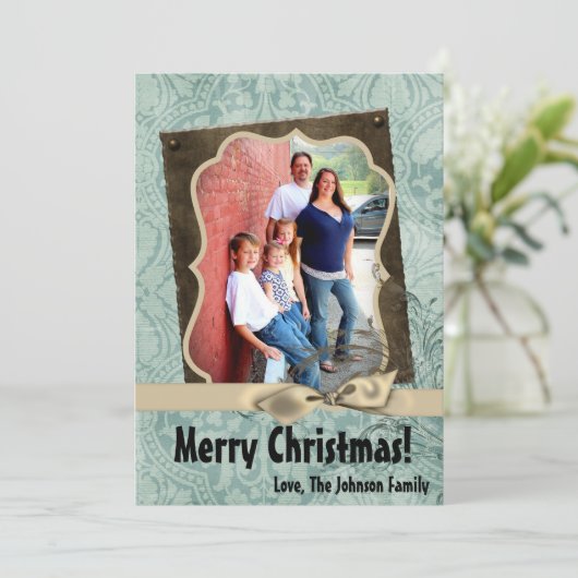 5x7 Kerstmis XMAS Winter Blauw Damask FOTOKAART Feestdagenkaart (Staand voorkant)