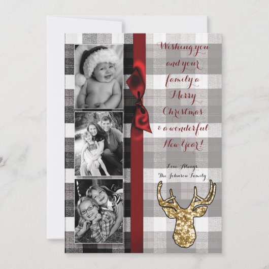 5x7 Kerstmis XMAS Zwart Plaid Herten FOTOkaart Feestdagenkaart (Voorkant)