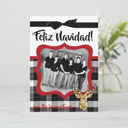 5x7 Kerstmis XMAS Zwart Plaid Herten FOTOkaart Feestdagenkaart (Staand voorkant)