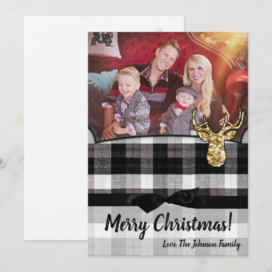 5x7 Kerstmis XMAS Zwart Plaid Herten FOTOkaart Feestdagenkaart (Voorkant / Achterkant)