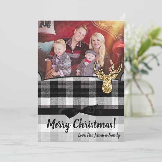 5x7 Kerstmis XMAS Zwart Plaid Herten FOTOkaart Feestdagenkaart (Staand voorkant)