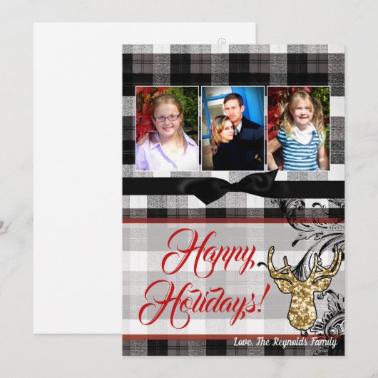 5x7 Kerstmis XMAS Zwart Plaid Herten FOTOkaart Feestdagenkaart (Voorkant / Achterkant)
