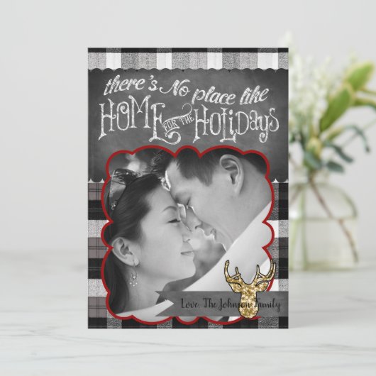 5x7 Kerstmis XMAS Zwart Plaid Herten FOTOkaart Feestdagenkaart (Staand voorkant)