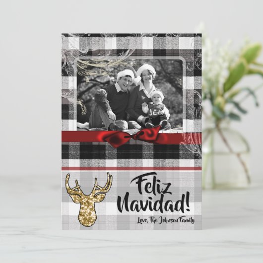 5x7 Kerstmis XMAS Zwart Plaid Herten FOTOkaart Feestdagenkaart (Staand voorkant)