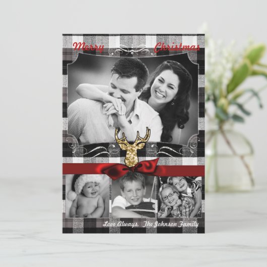 5x7 Kerstmis XMAS Zwart Plaid Herten FOTOkaart Feestdagenkaart (Staand voorkant)