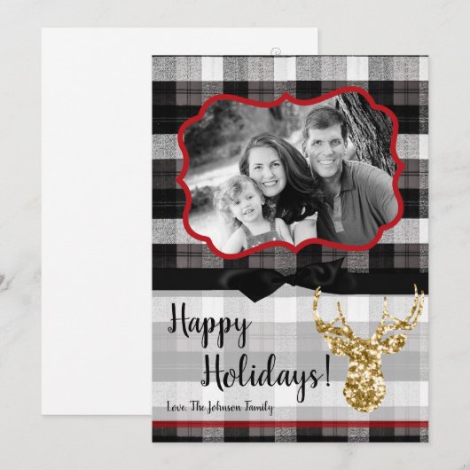 5x7 Kerstmis XMAS Zwart Plaid Herten FOTOkaart Feestdagenkaart (Voorkant / Achterkant)