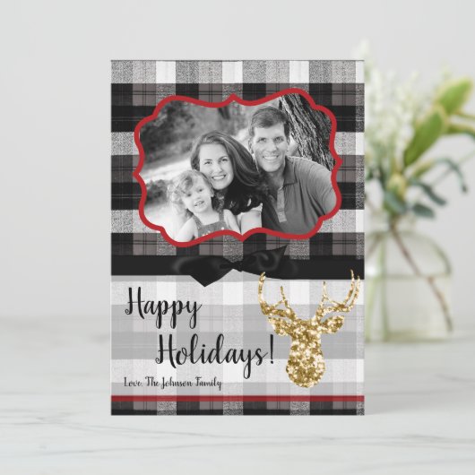 5x7 Kerstmis XMAS Zwart Plaid Herten FOTOkaart Feestdagenkaart (Staand voorkant)