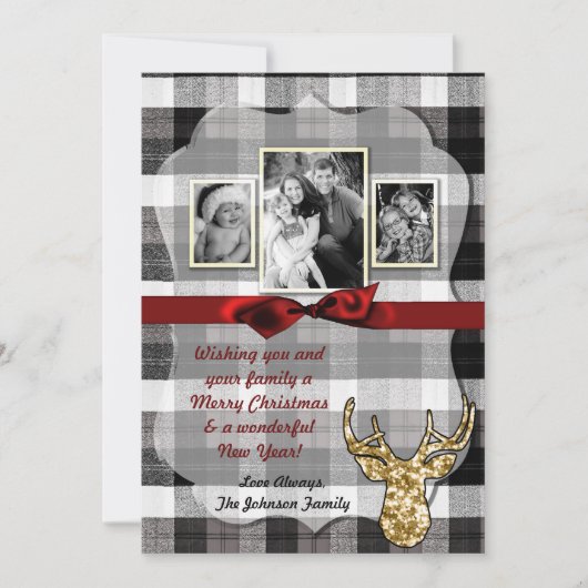 5x7 Kerstmis XMAS Zwart Plaid Herten FOTOkaart Feestdagenkaart (Voorkant)
