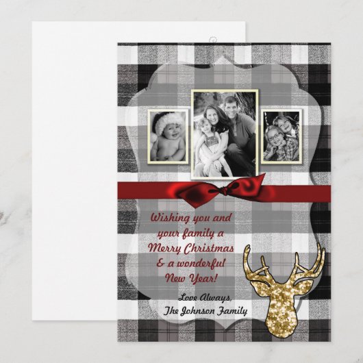 5x7 Kerstmis XMAS Zwart Plaid Herten FOTOkaart Feestdagenkaart (Voorkant / Achterkant)