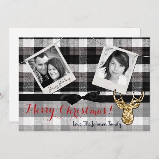 5x7 Kerstmis XMAS Zwart Plaid Herten FOTOkaart Feestdagenkaart (Voorkant / Achterkant)