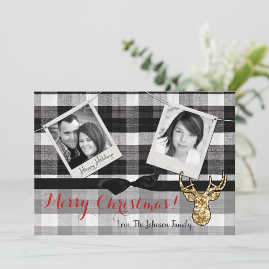 5x7 Kerstmis XMAS Zwart Plaid Herten FOTOkaart Feestdagenkaart (Staand voorkant)