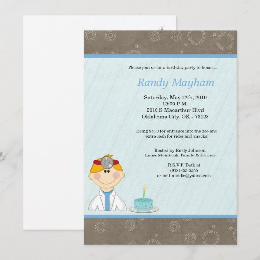 5x7 Kind Boy Doctor Birthday Party Invitation Kaart (Voorkant / Achterkant)