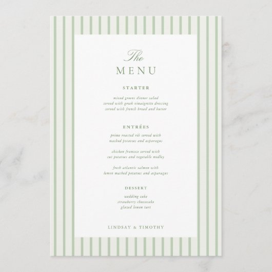 5x7" Klassieke gestreepte groene trouwtafel Menu (Voorkant)