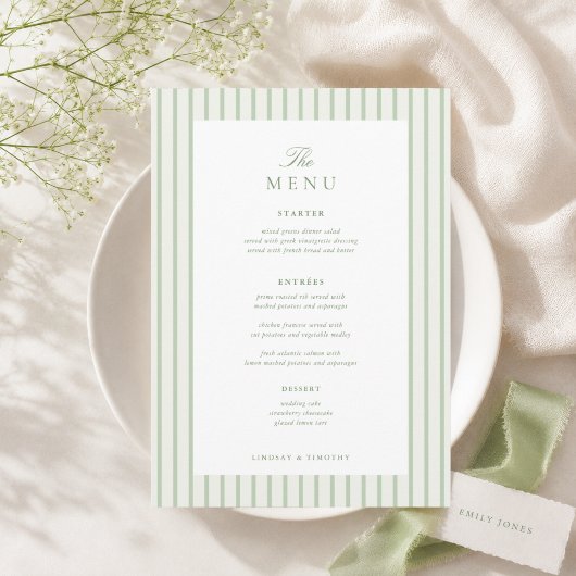 5x7" Klassieke gestreepte groene trouwtafel Menu