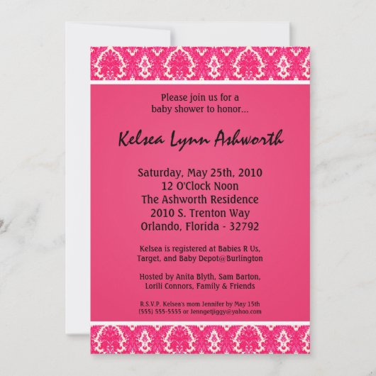 5x7 kleurrijke roze Damask Baby shower Uitnodiging (Voorkant)