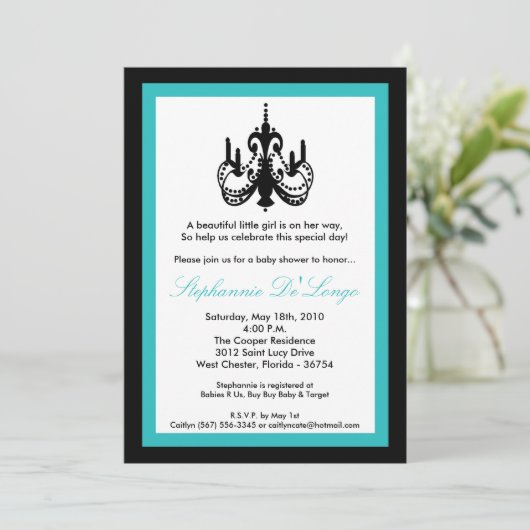 5x7 Kroonluchter Blauwgroen Turquoi Baby shower Ui Kaart (Staand voorkant)