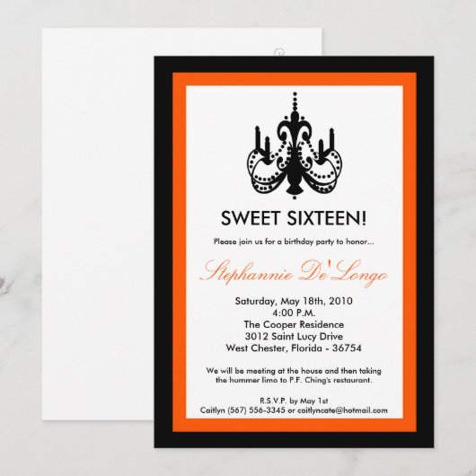 5x7 kroonluchter Sinaasappel 16 Verjaardag Uitnodi Kaart (Voorkant / Achterkant)