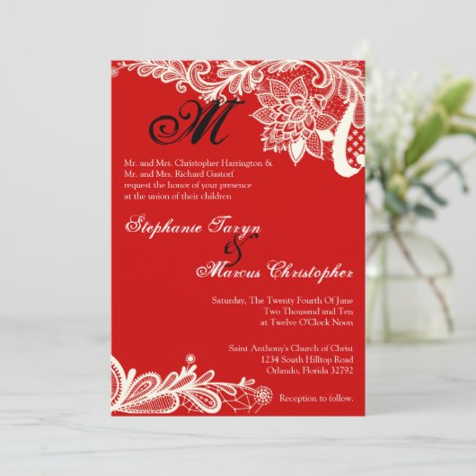 5x7 Land  Kant Rood Huwelijksuitnodiging Kaart (Staand voorkant)