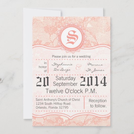 5x7 land koraal kant print bruiloft uitnodiging (Voorkant)