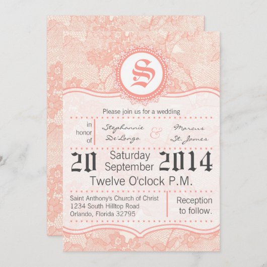 5x7 land koraal kant print bruiloft uitnodiging (Voorkant / Achterkant)