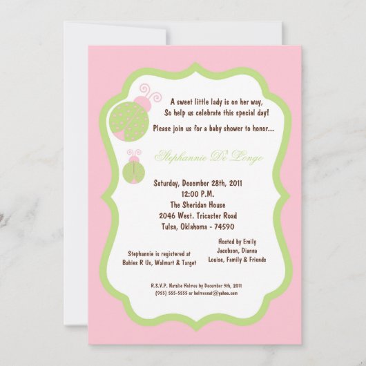 5x7 licht roze Lady Bug Baby shower Kaart (Voorkant)