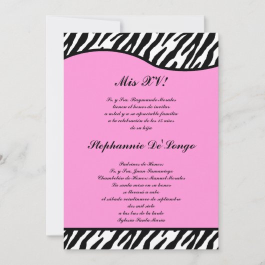 5x7 Lichtroze Zebra Quinceanera Party Uitnodigen Kaart (Voorkant)