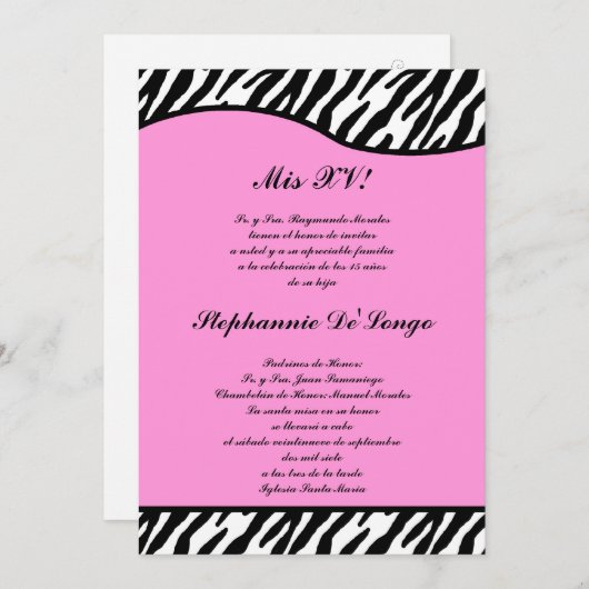 5x7 Lichtroze Zebra Quinceanera Party Uitnodigen Kaart (Voorkant / Achterkant)