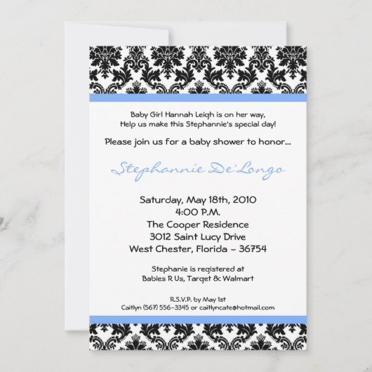 5x7 Light Blue Black Damask Baby shower Invitation Kaart (Voorkant)