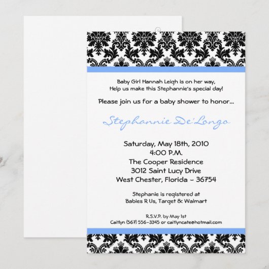 5x7 Light Blue Black Damask Baby shower Invitation Kaart (Voorkant / Achterkant)
