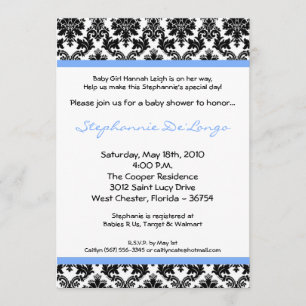 5x7 Light Blue Black Damask Baby shower Invitation Kaart