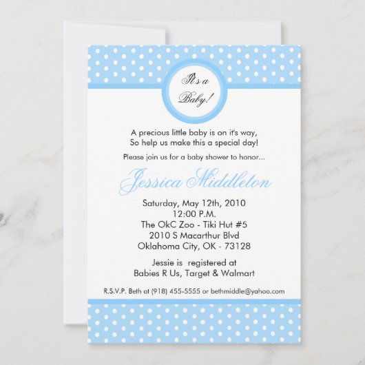 5x7 Light Blue Polka Dot Baby shower Invitation Kaart (Voorkant)