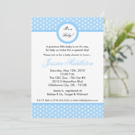 5x7 Light Blue Polka Dot Baby shower Invitation Kaart (Staand voorkant)