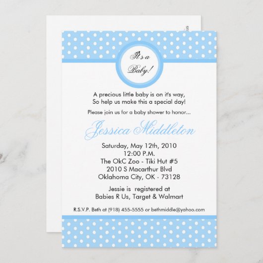 5x7 Light Blue Polka Dot Baby shower Invitation Kaart (Voorkant / Achterkant)
