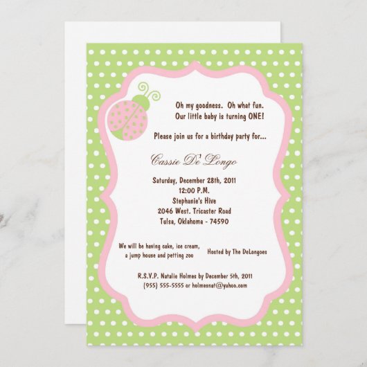 5x7 Light Green Lady Bug Birthday Party nodigt u u Kaart (Voorkant / Achterkant)