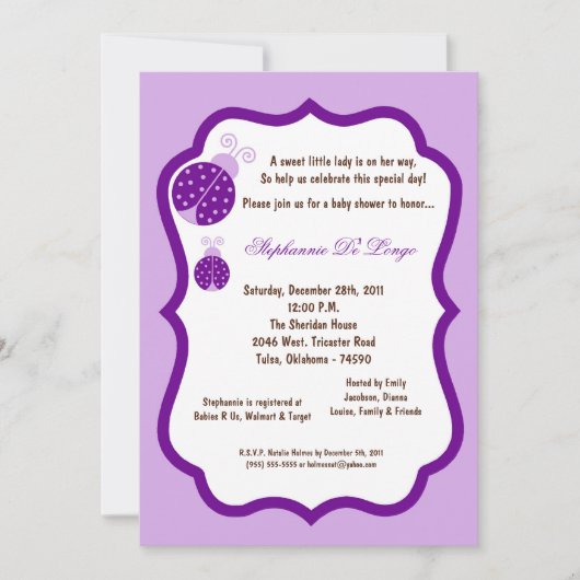 5x7 Light Paars Lady Bug Baby shower Kaart (Voorkant)