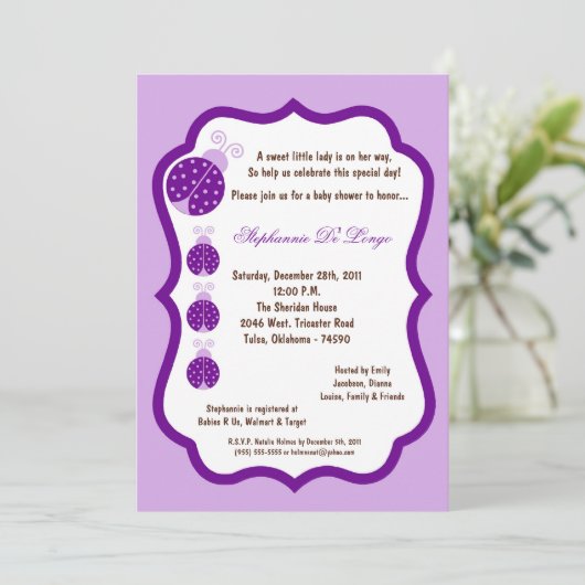 5x7 Light Paars Lady Bug Baby shower Kaart (Staand voorkant)