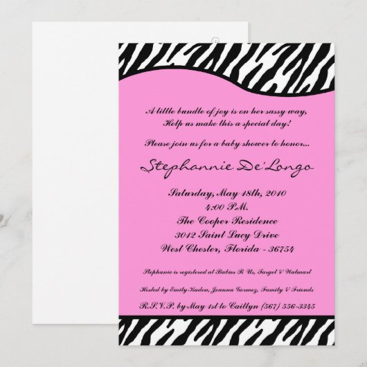 5x7 Light Pink Zebra Print Baby shower Uitnodiging (Voorkant / Achterkant)