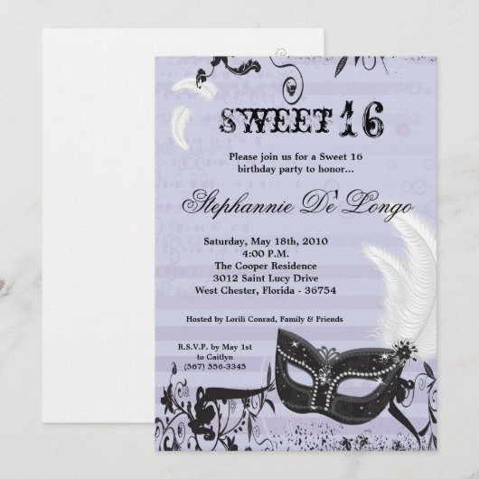 5x7 Lila Masquerade Sweet 16 Birthday Uitnodiging (Voorkant / Achterkant)