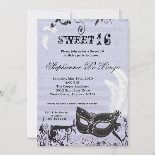 5x7 Lila Masquerade Sweet 16 Birthday Uitnodiging (Voorkant)