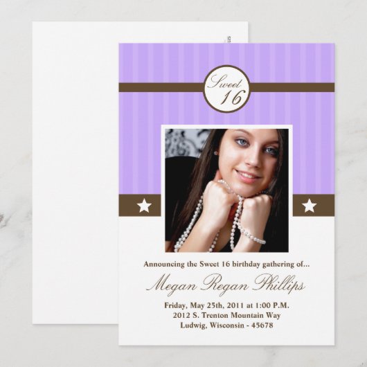 5x7 Lila Paars PHOTO Sweet 16 Birthday Invitation Kaart (Voorkant / Achterkant)