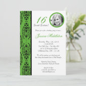 5x7 Lime Green Damask 16 Birthday Party Invitation Kaart (Staand voorkant)