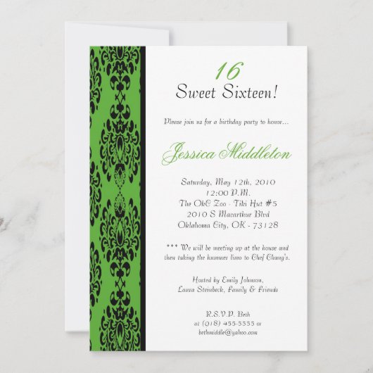 5x7 Lime Green Damask Birthday Party Invitation Kaart (Voorkant)