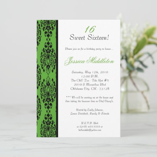 5x7 Lime Green Damask Birthday Party Invitation Kaart (Staand voorkant)