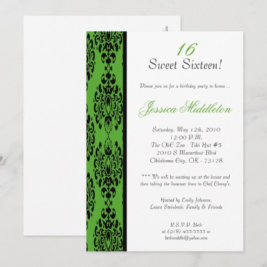 5x7 Lime Green Damask Birthday Party Invitation Kaart (Voorkant / Achterkant)