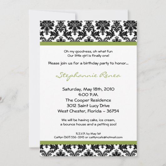 5x7 Lime Green Damask Birthday Party Invitation Kaart (Voorkant)