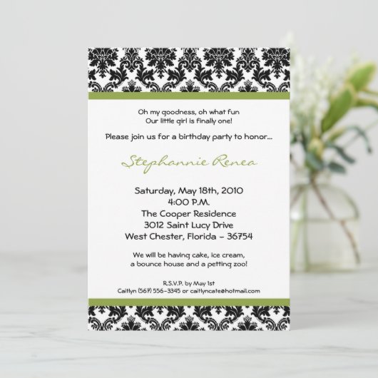 5x7 Lime Green Damask Birthday Party Invitation Kaart (Staand voorkant)