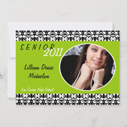5x7 Lime Green Damask Photo Senior Aankondiging (Voorkant)