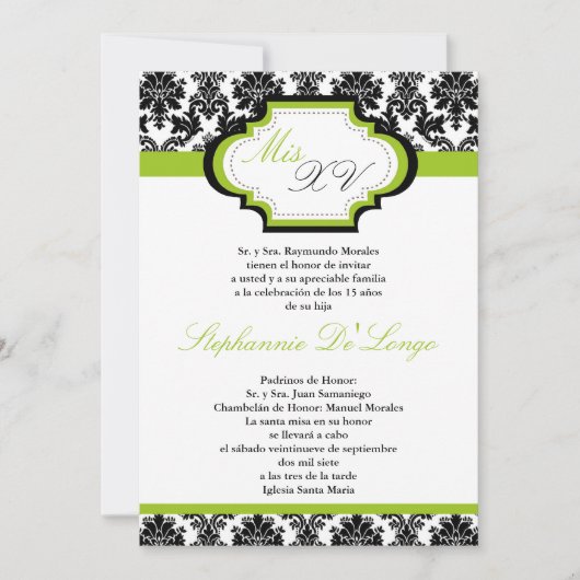 5x7 Lime Green Damask Quinceanera Uitnodiging (Voorkant)